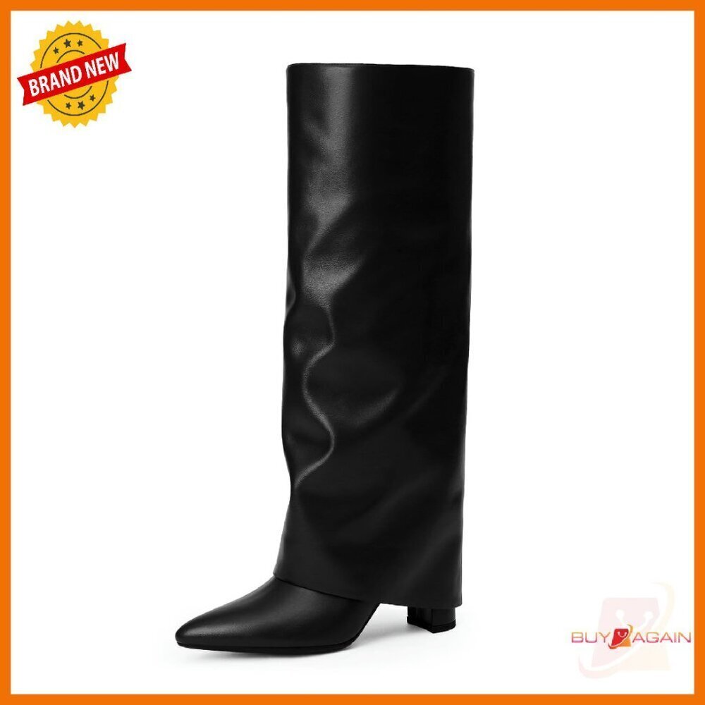Knee High Boots Women 3.5 Inch Chunky Heel Pointed Toe Zipper Tall Boots
